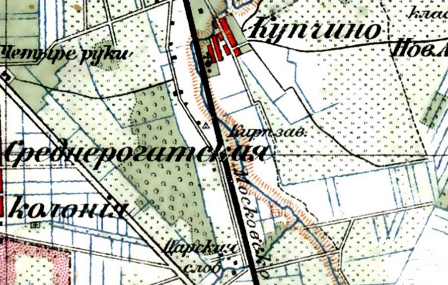 Кирпичный завод на карте окрестностей Санкт-Петербурга, составленной Гашем в 1909 году.