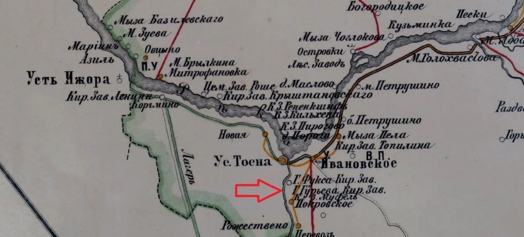 Кирпич завод Гурьева на карте 1880 года