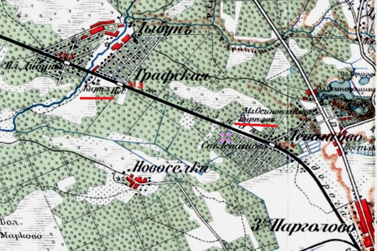 Кирпичные заводы в Дибунах и Осиновой Роще на карте окрестностей Санкт-Петербурга, составленная Ю. Гашем 1909 года