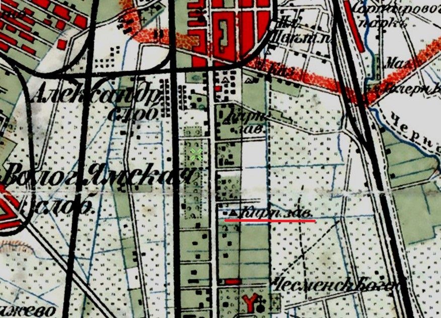 Кирпичный завод Пиловальщикова на карте окрестностей Петербурга, составленной Ю. Гашем в 1909 году